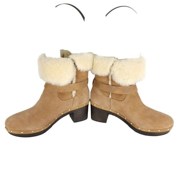 UGG Women's Brea US 9 Suede Chestnut Studded Fur Shearling Clog Boots - Picture 6 of 13